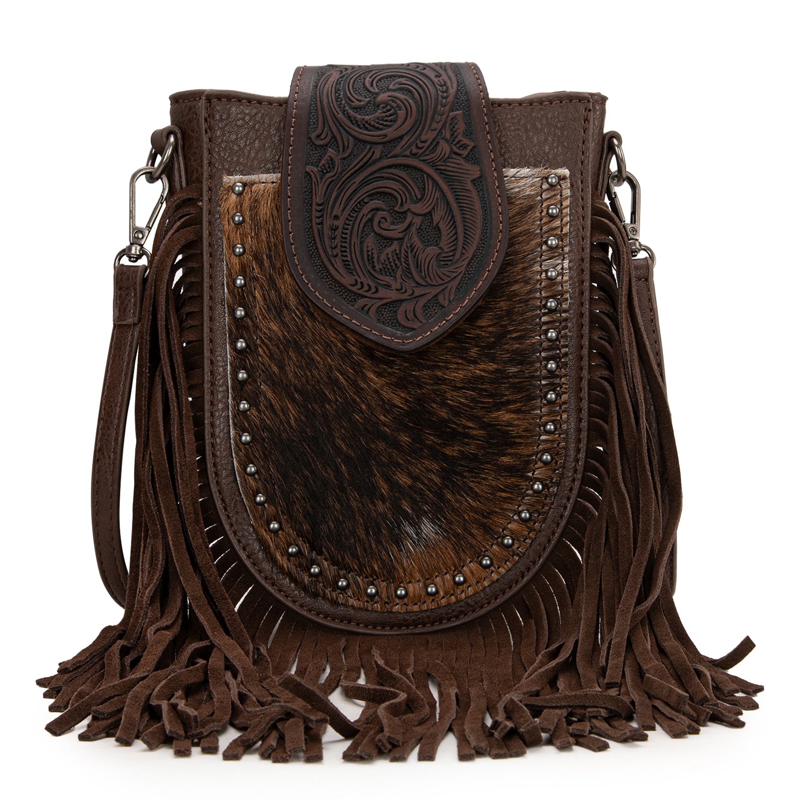 TR180-8360 Trinity Ranch Genuine Hair-On Cowhide Tooled Fringe Crossbody Bag- Coffee