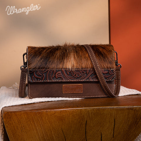 WG169-W030  Wrangler Genuine Hair-On Cowhide Wallet/Crossbody  -Coffee