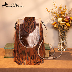 TR180-8360 Trinity Ranch Genuine Hair-On Cowhide Tooled Fringe Crossbody Bag - Tan
