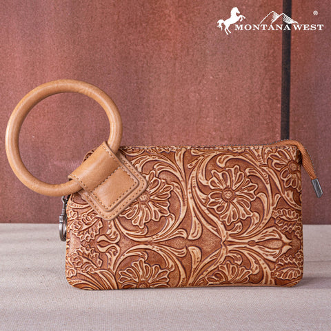 MW1260-B181 Montana West Floral Tooled Ring Handle Wristlet Clutch Bag