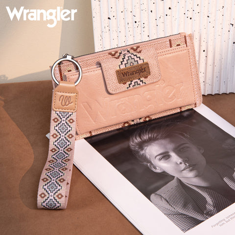 WG139-W013 Wrangler Aztec Print Bi-Fold Wallet Wristlet - Light Pink