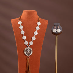 RNS-1040  Rustic Couture's Beaded Leather Tassels Turquoise Stone Pendant Necklace Earring Set