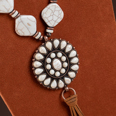 RNS-1040  Rustic Couture's Beaded Leather Tassels Turquoise Stone Pendant Necklace Earring Set