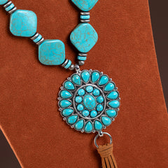 RNS-1040  Rustic Couture's Beaded Leather Tassels Turquoise Stone Pendant Necklace Earring Set