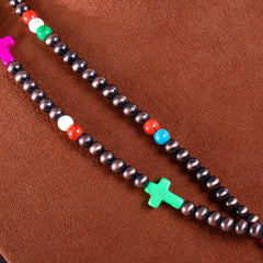 RNS-1039  Rustic Couture's  Double Layered Beaded Necklace Cross Pendant Earrings Set