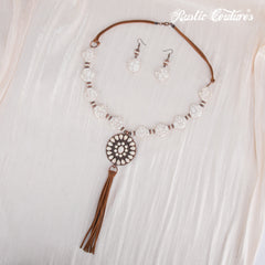 RNS-1040  Rustic Couture's Beaded Leather Tassels Turquoise Stone Pendant Necklace Earring Set