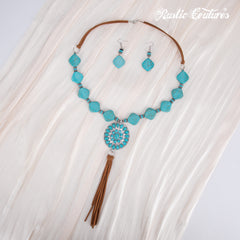 RNS-1040  Rustic Couture's Beaded Leather Tassels Turquoise Stone Pendant Necklace Earring Set