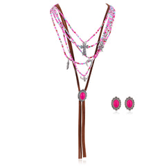 RNS-1023  Rustic Couture's Turquoise Beaded Leather Layered Necklace Western Charms  Earrings Set