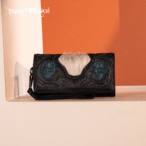 TR187-W002  Trinity Ranch Floral Tooled and Hair-On Cowhide Collection Wallet - Black