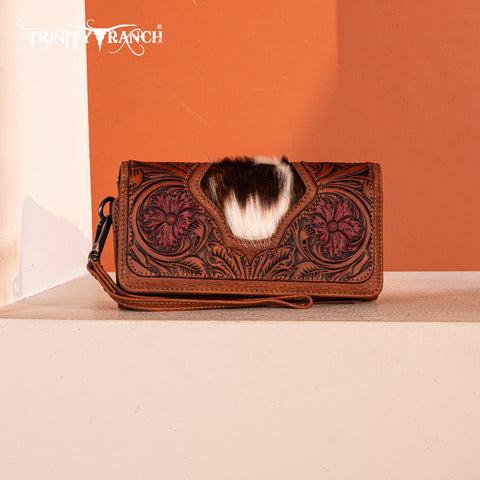 TR187-W002  Trinity Ranch Floral Tooled and Hair-On Cowhide Collection Wallet - Brown
