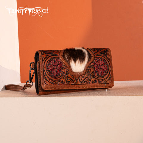 TR187-W002  Trinity Ranch Floral Tooled and Hair-On Cowhide Collection Wallet - Brown