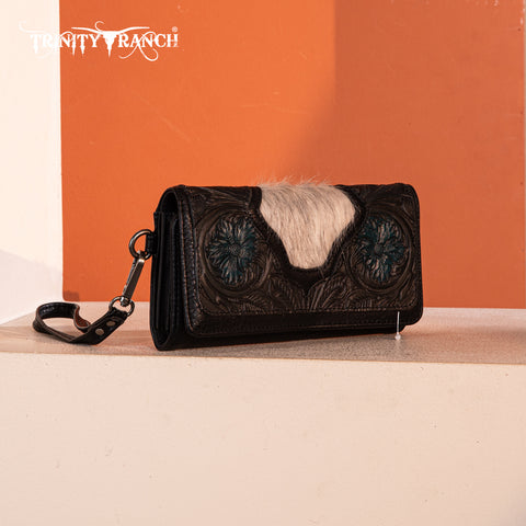 TR187-W002  Trinity Ranch Floral Tooled and Hair-On Cowhide Collection Wallet - Black