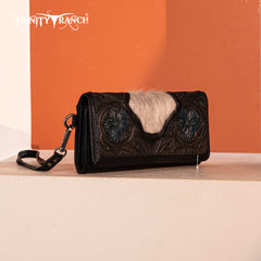 TR187-W002  Trinity Ranch Floral Tooled and Hair-On Cowhide Collection Wallet - Black