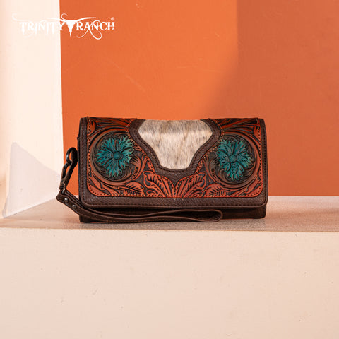 TR187-W002  Trinity Ranch Floral Tooled and Hair-On Cowhide Collection Wallet - Coffee