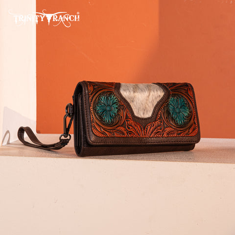 TR187-W002  Trinity Ranch Floral Tooled and Hair-On Cowhide Collection Wallet - Coffee