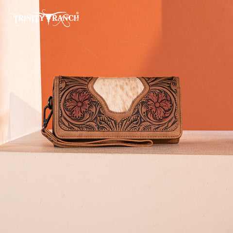 TR187-W002  Trinity Ranch Floral Tooled and Hair-On Cowhide Collection Wallet - Tan