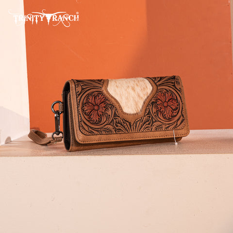 TR187-W002  Trinity Ranch Floral Tooled and Hair-On Cowhide Collection Wallet - Tan
