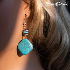 RNS-1040  Rustic Couture's Beaded Leather Tassels Turquoise Stone Pendant Necklace Earring Set