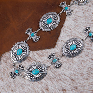 RCB-1034 Rustic Couture Etched Silver Oval Stone Centered Concho Link Chain Belt