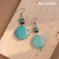 RNS-1040  Rustic Couture's Beaded Leather Tassels Turquoise Stone Pendant Necklace Earring Set