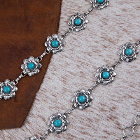 RCB-1043  Rustic Couture Flower Concho Link Chain Belt with White Inlays