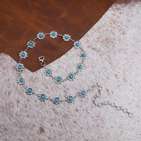 RCB-1043  Rustic Couture Flower Concho Link Chain Belt with White Inlays