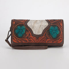 TR187-W002  Trinity Ranch Floral Tooled and Hair-On Cowhide Collection Wallet - Coffee
