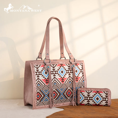 MW1292G-8110WPK   MW1292G-8110 Montana West Aztec Tapestry Concealed Carry Tote Wallet Set-Pink