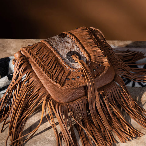MWR-054 Montana West Genuine Leather Hair-On Cowhide Fringe Bohemian Crossbody - Brown