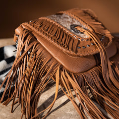 MWR-054 Montana West Genuine Leather Hair-On Cowhide Fringe Bohemian Crossbody - Brown