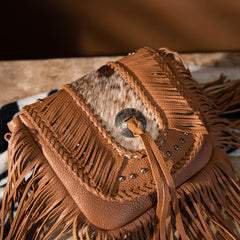 MWR-054 Montana West Genuine Leather Hair-On Cowhide Fringe Bohemian Crossbody - Brown