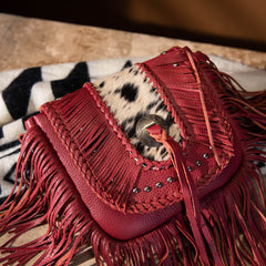 MWR-054 Montana West Genuine Leather Hair-On Cowhide Fringe Bohemian Crossbody- Red