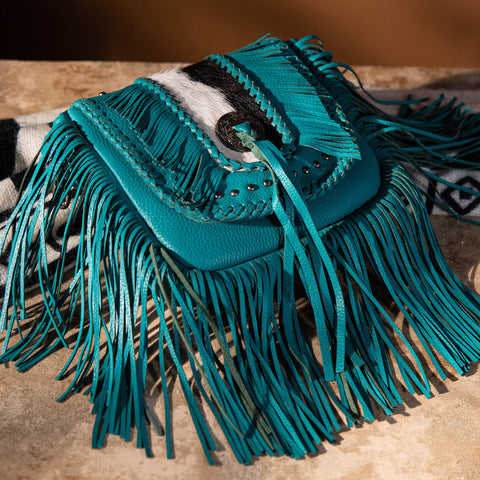 MWR-054 Montana West Genuine Leather Hair-On Cowhide Fringe Bohemian Crossbody- Turquoise