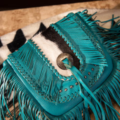 MWR-054 Montana West Genuine Leather Hair-On Cowhide Fringe Bohemian Crossbody- Turquoise