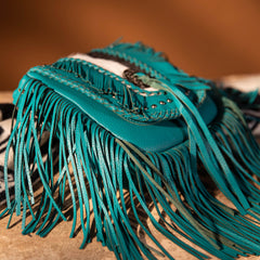 MWR-054 Montana West Genuine Leather Hair-On Cowhide Fringe Bohemian Crossbody- Turquoise