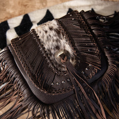 MWR-054 Montana West Genuine Leather Hair-On Cowhide Fringe Bohemian Crossbody -Coffee