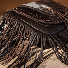 MWR-054 Montana West Genuine Leather Hair-On Cowhide Fringe Bohemian Crossbody -Coffee