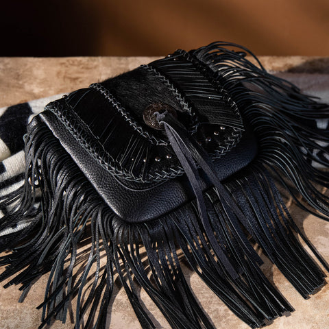 MWR-054 Montana West Genuine Leather Hair-On Cowhide Fringe Bohemian Crossbody - Black