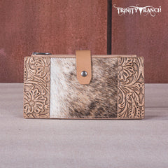 TR164-W044  Trinity Ranch Genuine Hair-On Cowhide Tooled Bi-Fold Wallet/Card Organizer