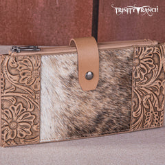 TR164-W044  Trinity Ranch Genuine Hair-On Cowhide Tooled Bi-Fold Wallet/Card Organizer