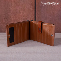 TR164-W044  Trinity Ranch Genuine Hair-On Cowhide Tooled Bi-Fold Wallet/Card Organizer