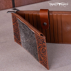 TR164-W044  Trinity Ranch Genuine Hair-On Cowhide Tooled Bi-Fold Wallet/Card Organizer