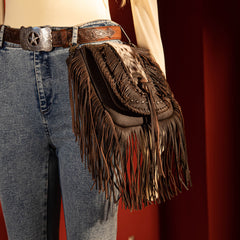 MWR-054 Montana West Genuine Leather Hair-On Cowhide Fringe Bohemian Crossbody -Coffee