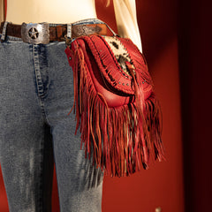 MWR-054 Montana West Genuine Leather Hair-On Cowhide Fringe Bohemian Crossbody- Red