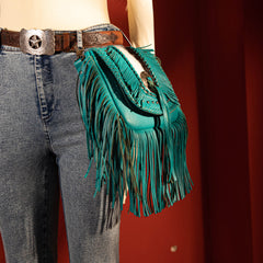 MWR-054 Montana West Genuine Leather Hair-On Cowhide Fringe Bohemian Crossbody- Turquoise
