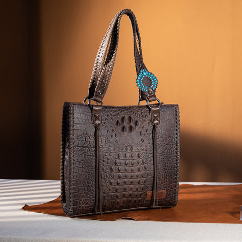 WG62G-8317   Wrangler Croc Embossed Whipstitch Concealed Carry Tote - Coffee