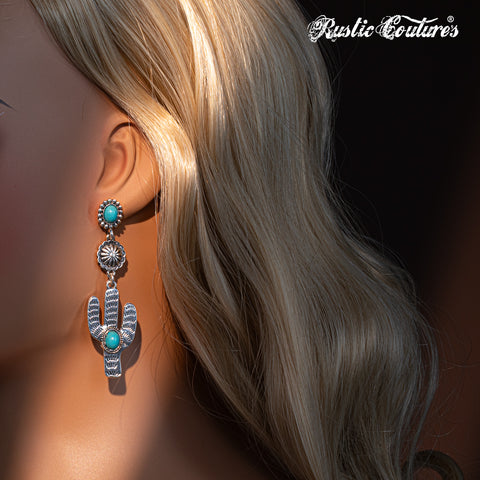 RCE-1044  Rustic Couture's  Western Cactus Turquoise Stone Dangling Earring