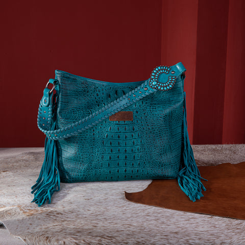 WG62G-918   Wrangler Croc Embossed Whipstitch Concealed Carry Hobo - Turquoise