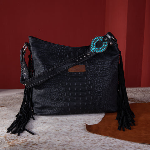 WG62G-918   Wrangler Croc Embossed Whipstitch Concealed Carry Hobo - Black