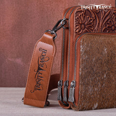 TR159 -183  Trinity Ranch Genuine Hair-On Cowhide /Tooled  Collection Phone Purse with Coin Pouch